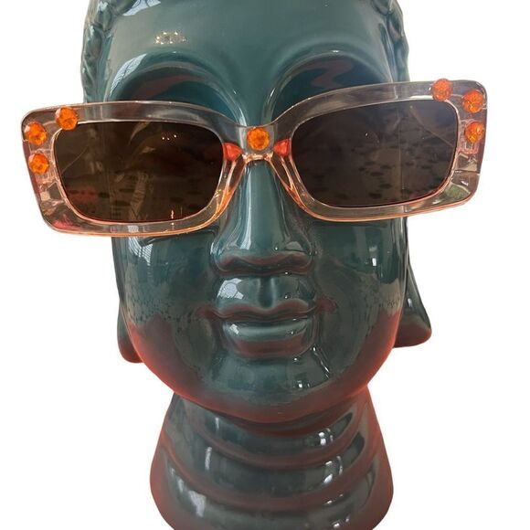 NWOT unbranded plastic squarish tan clear sunnies with rhinestone embellishments - Picture 1 of 6